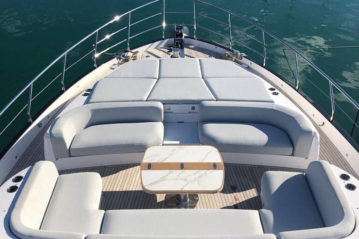 Lounge area on bow with sunbathing cushions