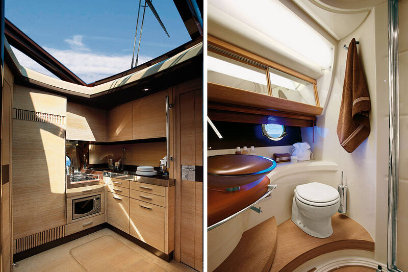 Kitchen (left) and a bathroom in the owner's cabin (right)