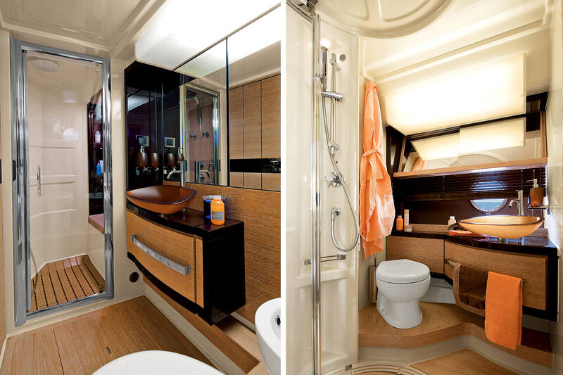 Bathroom in the master cabin (left) and guest cabin (right)